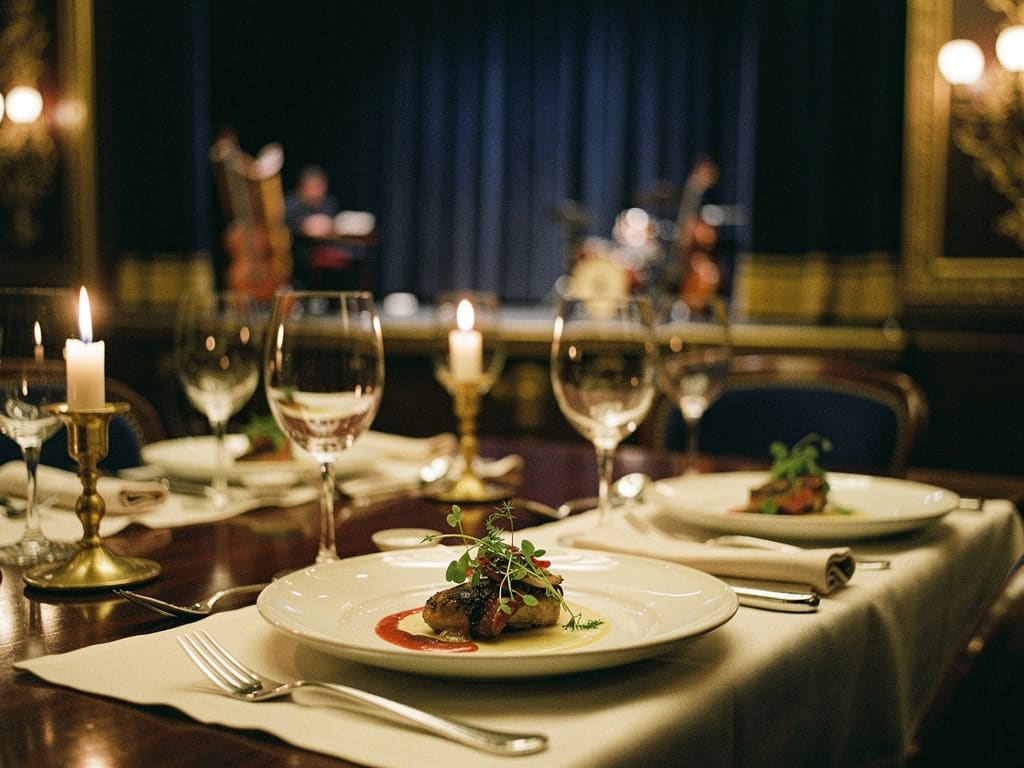 Table de dîner raffinée préparée face à une scène de cabaret
