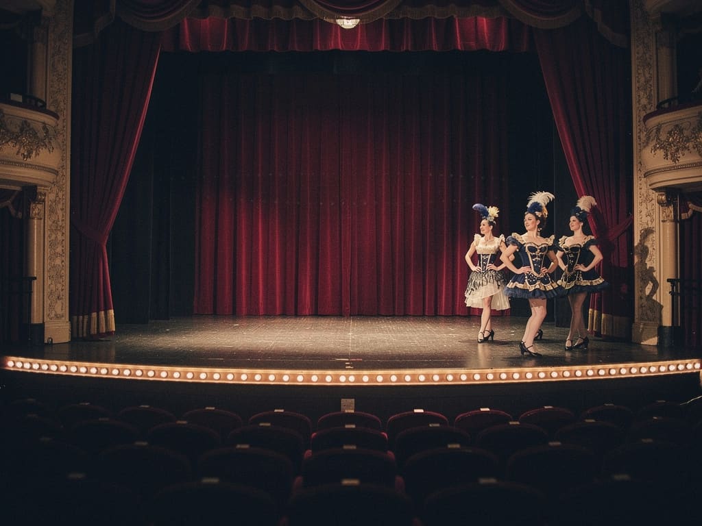 Scène de cabaret Belle Époque aux rideaux profonds et lumières dorées