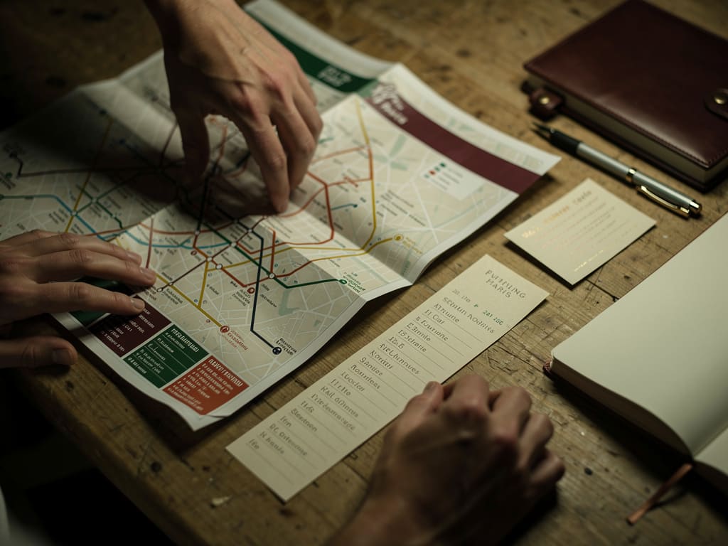 Carte de Paris et notes de préparation disposées sur une table