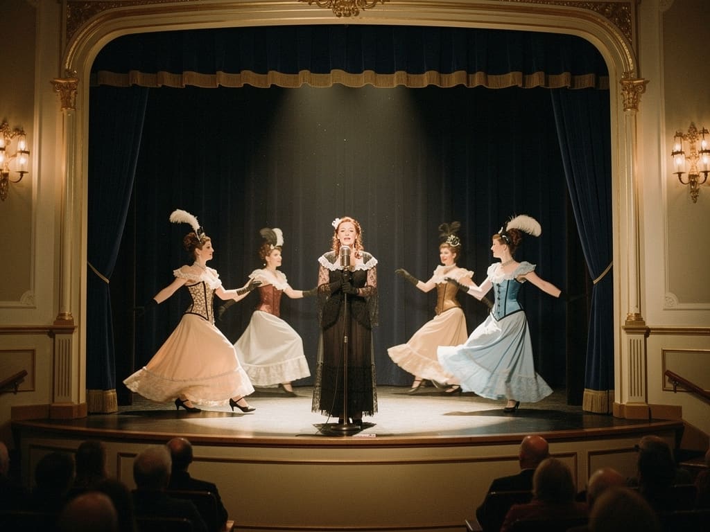 Danseurs et chanteuse sur une petite scène de cabaret élégante